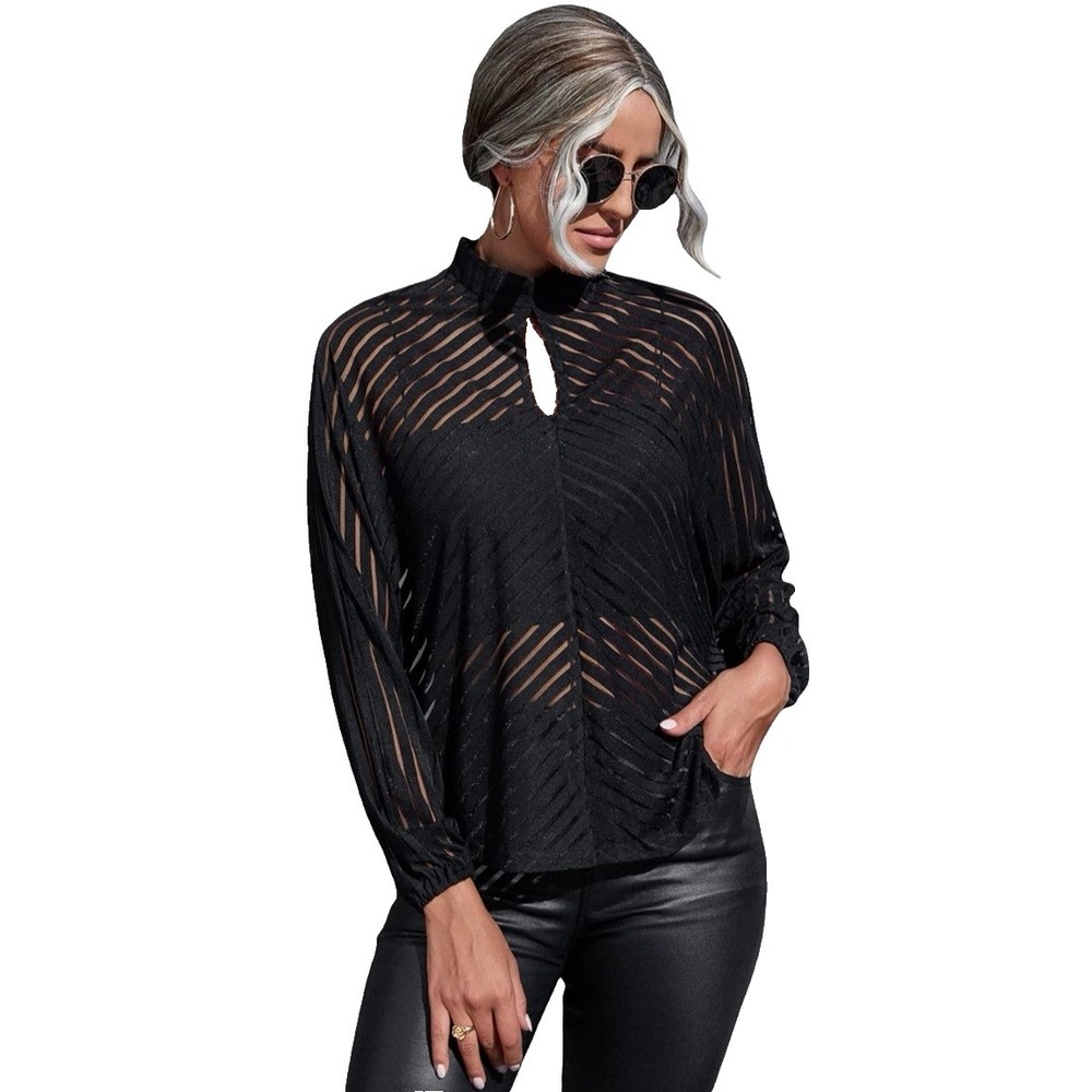 Sheer Mock Neck Woman's Blouse Size L Black Elegant Gothic Edgy Chic Y2K Party